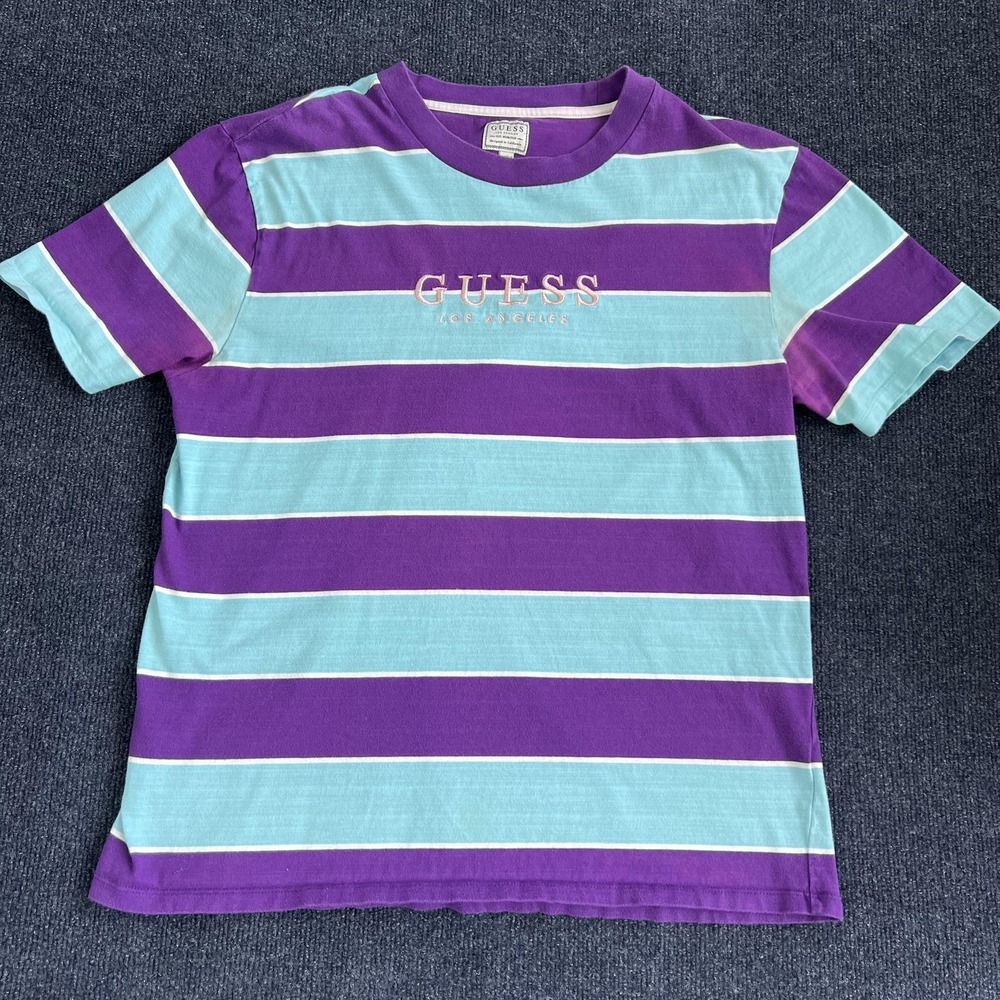 Guess Los Angeles Shirt Mens Medium Purple Teal Striped Logo Tee T-Shirt